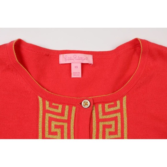 XS Lilly Pulitzer solid fuchsia pink cardigan sweater with gold Greek trim - Picture 3 of 3
